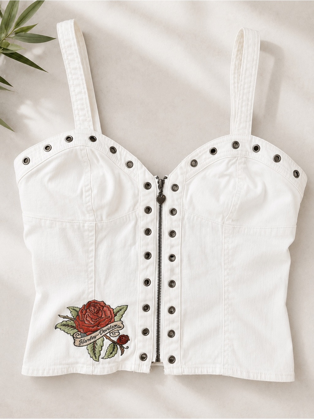 Rare Y2K Harley-Davidson White Studded Rose Zip Front Bustier